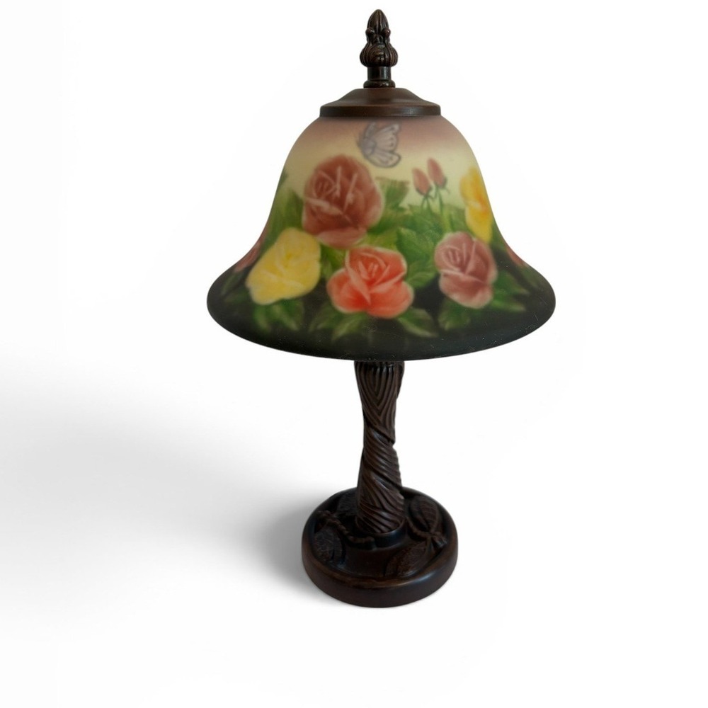 Hand Painted Reverse Glass Rose Butterfly Table Lamp Bronze Dragonfly Base 13 in